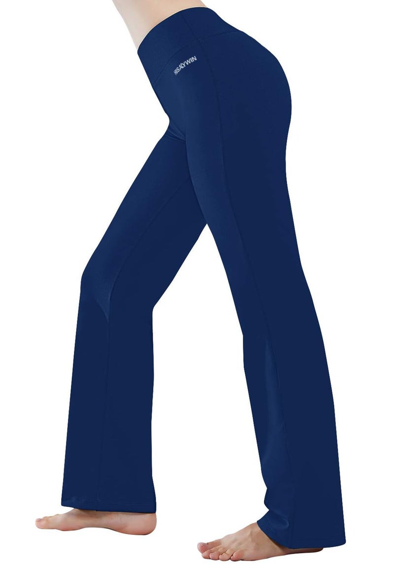 HISKYWIN Inner Pocket Yoga Pants 4 Way Stretch Tummy Control Workout Running Pants, Long Bootleg Flare Pants HF2-Indigo Blue-XXL - Image 1